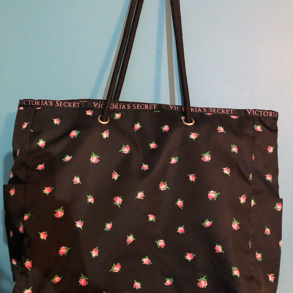 Victoria's Secret Reversible Black Tote with Pink Floral Design